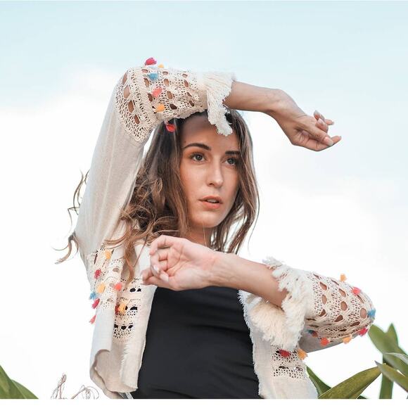 Resort Cardigan by T. Zovich Open Jacket Raw Hem Crochet Embroidered Natural OS - Picture 9 of 11